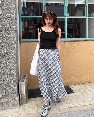 Checked banded long skirt
