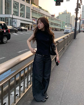 High-neck button-down sleeveless top