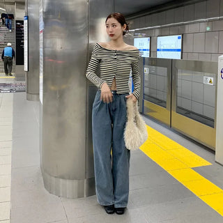 Striped button-down off-shoulder T-shirt