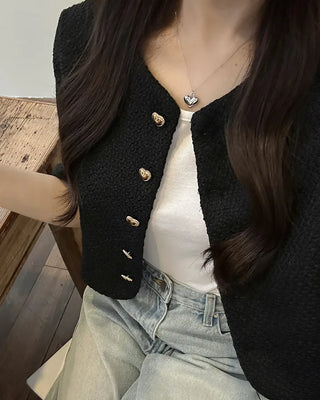 Heart gold button short-sleeved tweed jacket