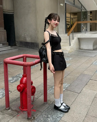 Belted slit mini skirt