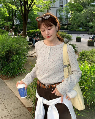 Flower Henley Neck Long T-Shirt