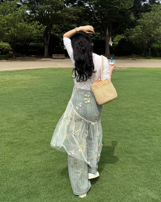 Flower embroidered sheer midi dress