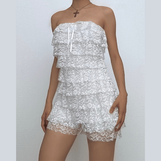 Bowknot lace backless ruffle tube mini dress
