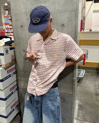 Checked embroidered short-sleeved shirt