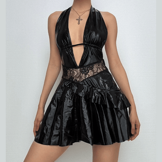 Halter PU leather lace patchwork ruched drawstring mini dress