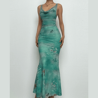Cowl neck mesh butterfly print ruched cami maxi dress