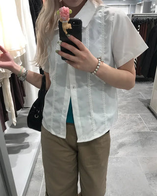 Lace-detail short-sleeved blouse