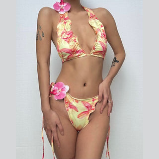 Halter self tie print flower applique pant set
