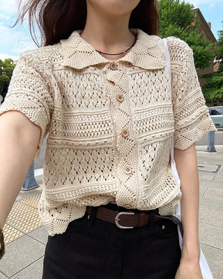 Perforated Collar Button Cardigan