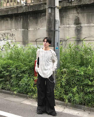 Striped button-up long-sleeved T-shirt