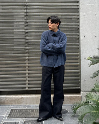 Polo collar multi-knit cardigan
