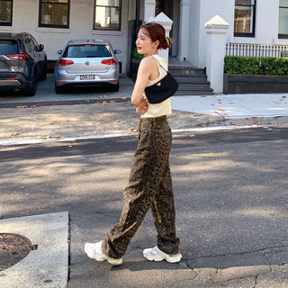 Leopard print denim pants