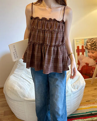 Frilled Shirring Check Sleeveless Dress