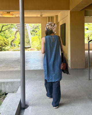 Round neck denim midi dress