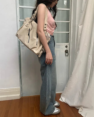 Washed distressed wide-leg denim pants