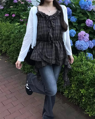 V-neck checkered ruffle camisole