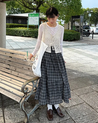 Checked Shirred Long Skirt
