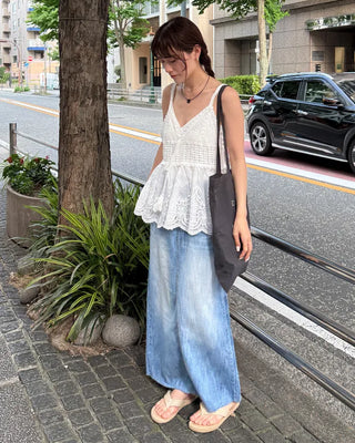 Washed long denim skirt