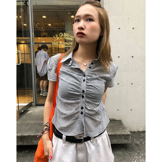 Cropped check shirred shirt