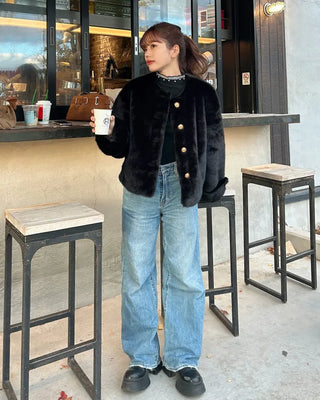 Gold button fur jacket
