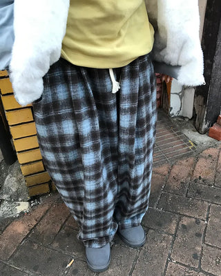 Checked wide-leg pants with string waistband