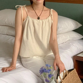 If Linen Bustier Ribbon Sleeveless Camisole Blouse