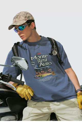 [Monterest] Washed Cotton Racing Print T-Shirt