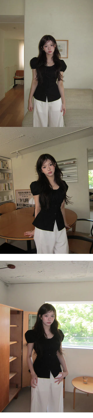 Picnic Ribbon Round Puff Pintuck Blouse - 2 Colors