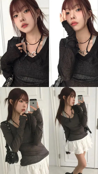 Deep V See-Through Long Sleeve Summer Knitwear - 3 Colors