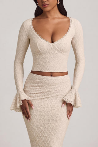 Ruffle Long-Sleeve Lace Top in Ivory