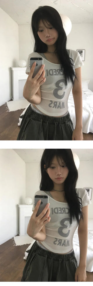 33 See-through U-neck Line Short Sleeve T-shirt - 3 colors