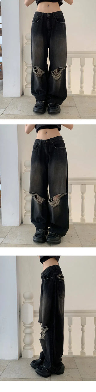 KARINA Front and back damage Faded unique black Black Denim pants