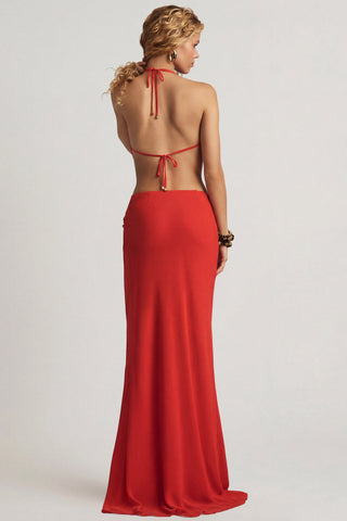 Mid-Rise Split Maxi Skirt in Chilli Red