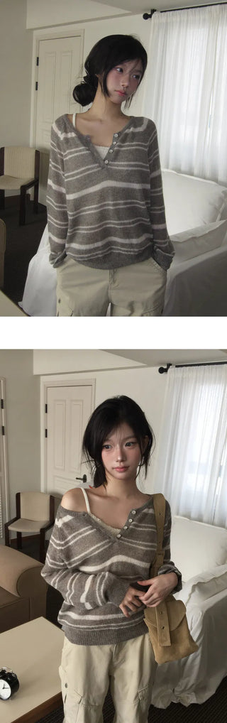 Ipen Striped Open Button Knitwear - 4 colors