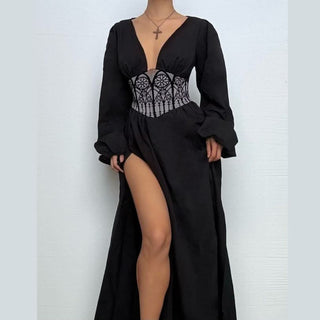 Long sleeve v neck corset maxi dress-final-sale