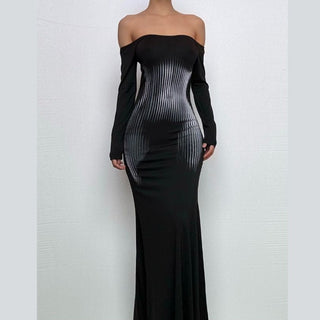 Long sleeve off shoulder print contrast maxi dress