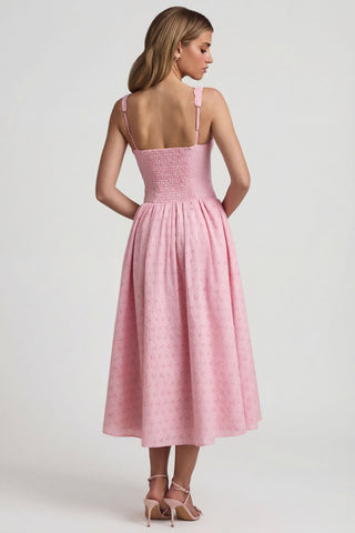 Broderie Anglaise Bow-Detail A-Line Midaxi Dress in Soft Pink