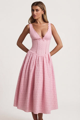 Broderie Anglaise Bow-Detail A-Line Midaxi Dress in Soft Pink