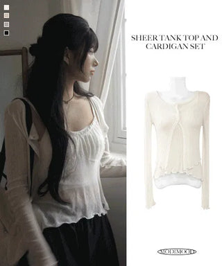 See-through flare sleeveless cardigan set - 4 colors