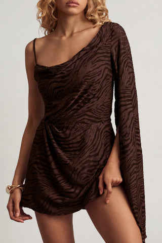 Devor? One-Sleeve A-Line Mini Dress in Dark Chocolate