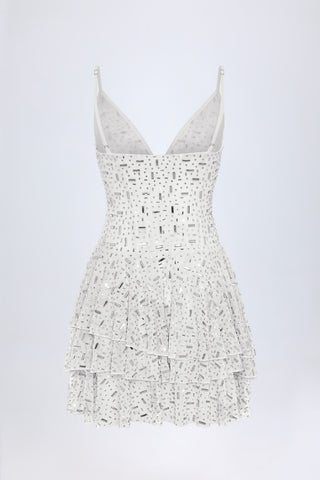 Embellished Ruffled Tiered Mini Dress in White