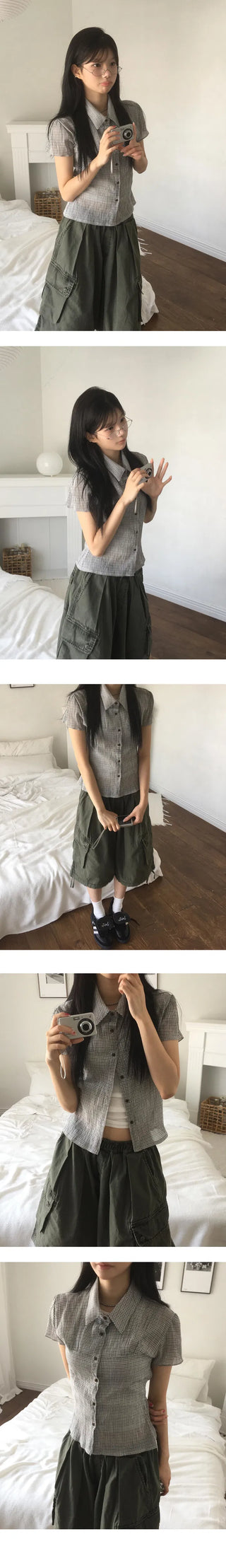 New York Shirring Short Sleeve Check Blouse BL - 2 Colors