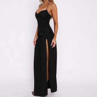 Ruched halter high slit maxi dress