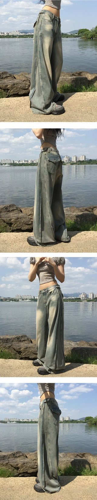 Adjustable waist/length, side Split , pin tuck , Faded denim pt - 3 colors