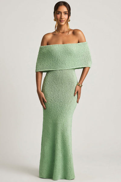Boucl? Off-Shoulder Maxi Dress in Mint