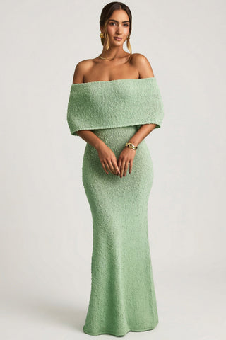 Boucl? Off-Shoulder Maxi Dress in Mint