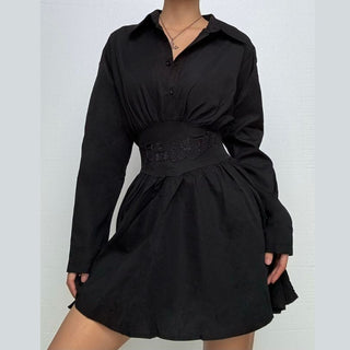 Zip-up long sleeve turnover collar embroidery mini dress