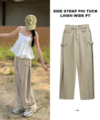 Linen side pintuck button wide long pants - 2 colors