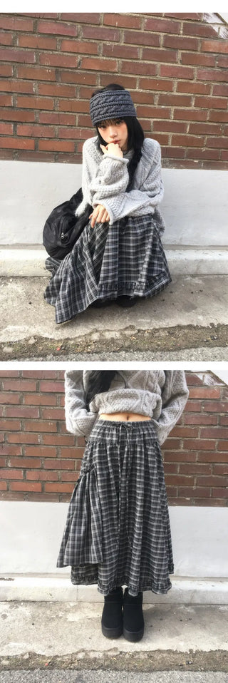 Roeun Vintage Frill Long Check Skirt